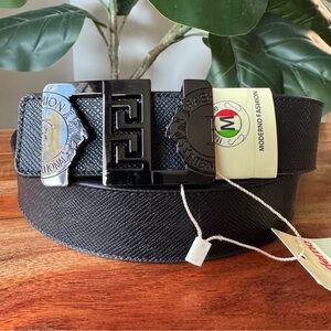 Black Medusa Style Greek Key Buckle Belt 32-36 Textured Strap